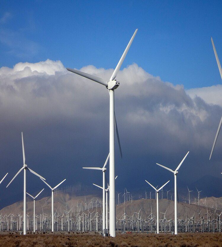 There are many wind turbine are installed in a vast green field.